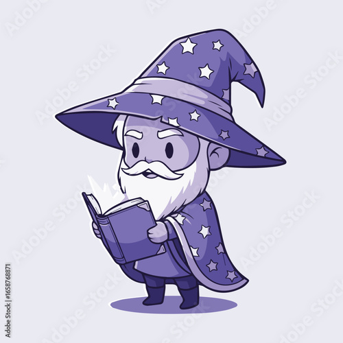Cute cartoon wizard reading a magic book with stars on his hat and cape, isolated on white background, vector illustration for kids and childrens books
