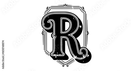 Vintage black letter R with a distressed texture white outline and an ornate decorative frame.