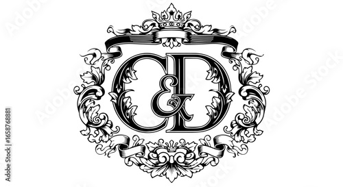 Vintage CD monogram with ampersand framed by ornate acanthus leaves and a royal crown.