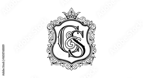 Vintage CS monogram with interlocking letters inside an ornate heraldic shield with a royal crown.