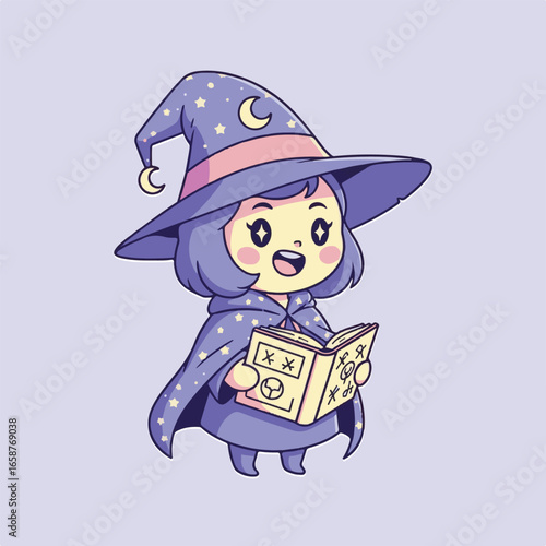 A cute cartoon witch girl reading a magic book, wearing a hat and cape with moon and star, an illustration of a young wizard character with a fantasy design
