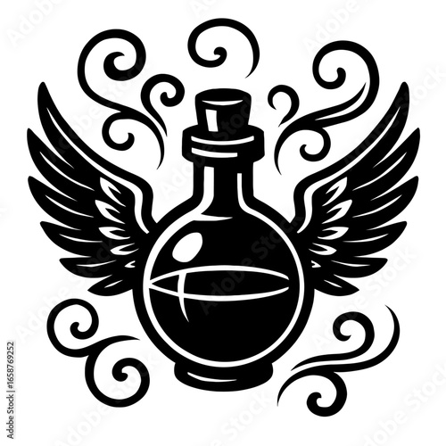 Round Potion Bottle with Wings and Magical Swirls - Fantasy Graphic