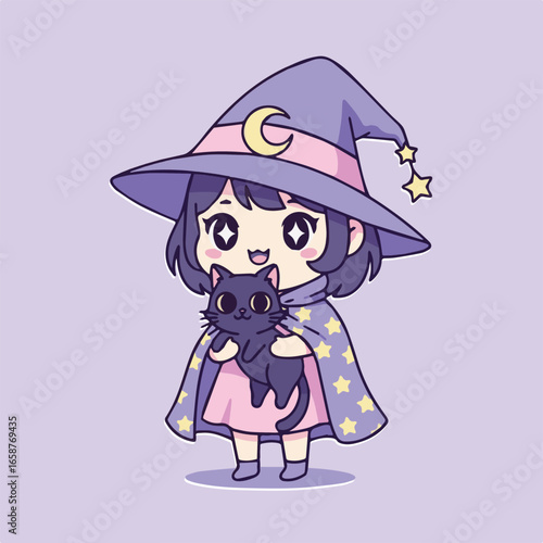 Adorable witch girl holding a black cat, wearing a purple hat with a moon and a cape with stars, cartoon illustration for halloween