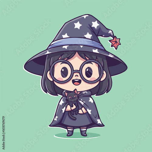 Cute cartoon witch girl in hat holding black cat, halloween wizard magic cartoon illustration, young child kid fantasy design drawing art, cheerful playful adorable