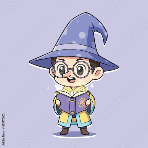 A cute cartoon wizard boy with glasses reading a magic book, standing in a cheerful pose, isolated on a light purple background, perfect for childrens illustration