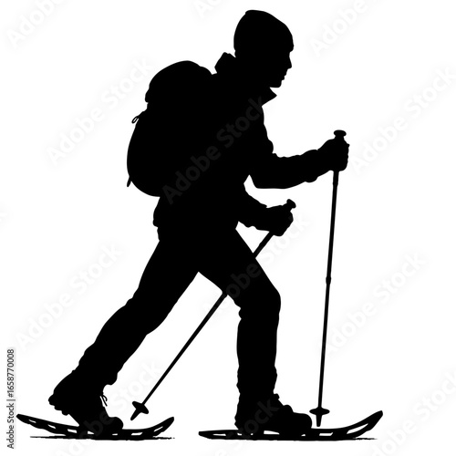Silhouette of Man Snowshoeing with Backpack and Trekking Poles