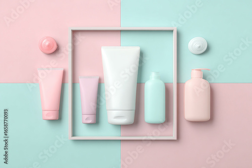 Wallpaper Mural Beauty products arranged on a pastel pink and blue backdrop, perfect for skincare concepts. Torontodigital.ca