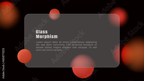 Glass Morphism Presentation Template. Abstract Spheres and Frosted Effect on Dark Background. UI design, presentations, websites, or graphic design theme.