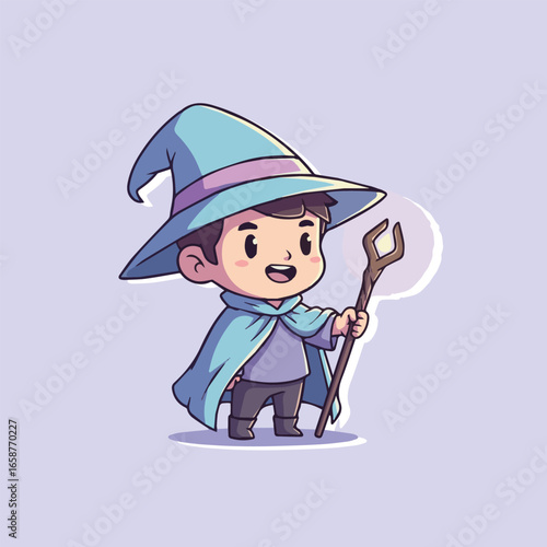 A cute cartoon wizard boy with a magic staff and cape, standing in a cheerful pose, isolated on a light purple background, perfect for childrens illustration