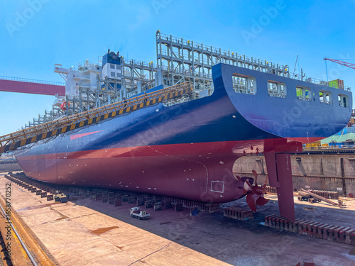 Large container ship in dry dock with stern, hull, and propeller visible during maintenance.