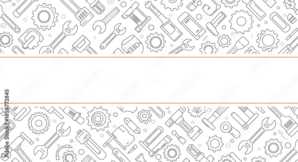 Clean Minimalist Line Art Tools and Gears Banner:  Mechanic, Engineering, DIY Concept
