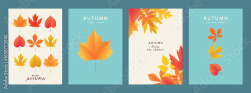 Collection of modern autumn card templates featuring various colorful leaves with smooth gradients. This versatile set is ideal for seasonal greetings, social media stories, or posters, vector