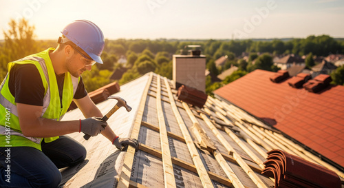 Roofing Contractor at Work on Residential Roof, Safety Gear and Tools in Use, Ideal for Construction, Safety Training, or Home Renovation Materials, Digital Ads