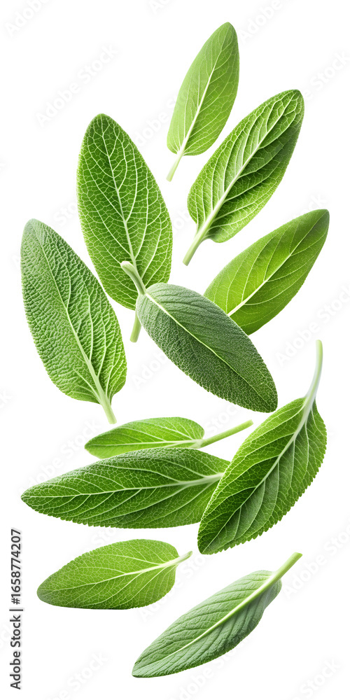 Naklejka premium flying green sage leaves isolated on a transparent white background, clipping path
