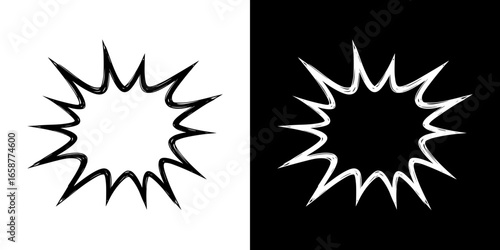 Isolated vector image showing comic-style explosion with space for text, two design options on transparent and black backgrounds, pencil drawing, chalk drawing  