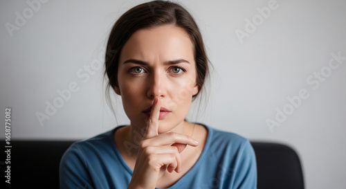 A serious young woman makes a shush gesture, emphasizing the need for quiet, confidentiality, or discretion in a moment of seriousness.