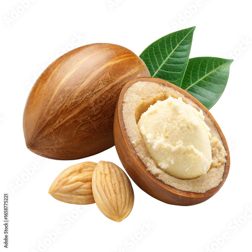 Argan Nut Composition Whole, Halved, and Kernels Isolated on Transparent Background, Argan Oil, Natural Product, Argan oil, natural beauty