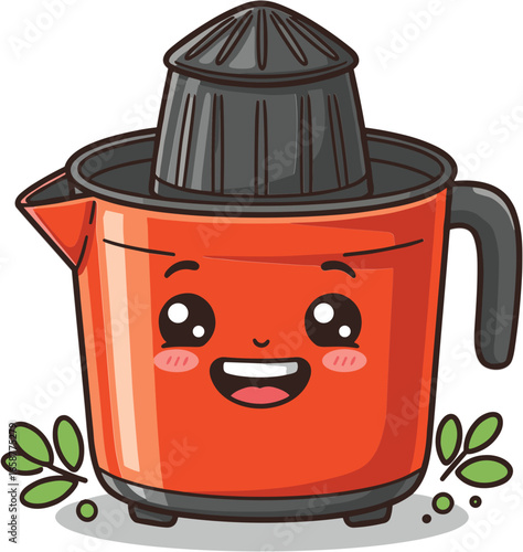 Smiling cartoon juicer with leaves on transparent background