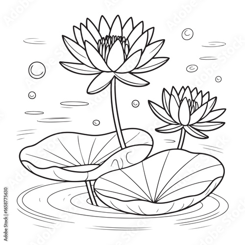 A peaceful and calming illustration of water lilies floating on a pond, ideal for mindfulness, relaxation, and botanical-themed projects.