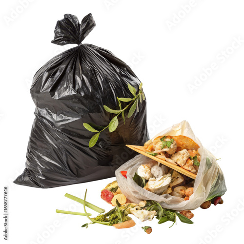 Food Waste in Bags, Isolated on Transparent Background, Garbage Disposal, Recycling, Composting, waste management, food scraps, trash bag