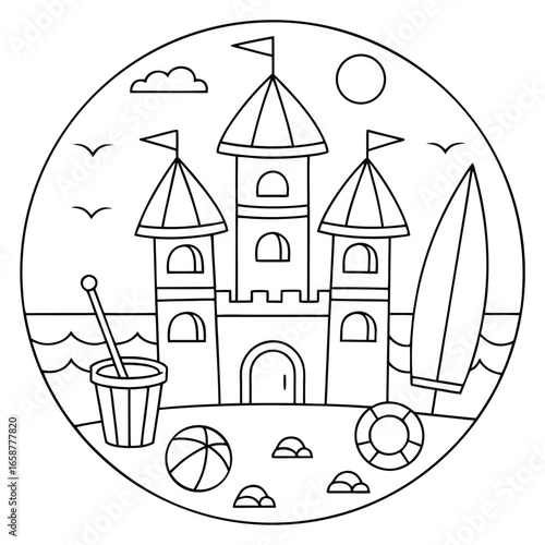 Beach, sand games. Yacht at sea. Children play on the beach, building a castle. Vector, black stroke, white background. Perfect for coloring books, kids' activities, and summer design projects.