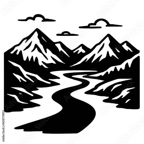 Black and white vector art of a winding river flowing through a majestic mountain landscape