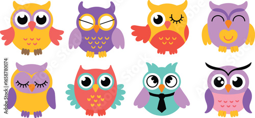 Cute cartoon owl characters, colorful vector birds, children’s animal illustration, emoji-style owls, adorable clipart icons, expressive owls, flat design art