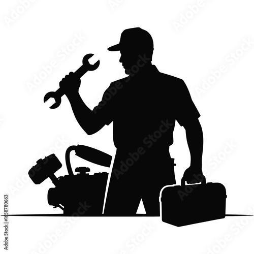 Skilled mechanic silhouette holding wrench ready for auto repair with tool bag and equipment