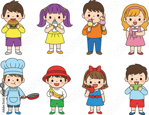 Cute cartoon children eating food, drinking milk, enjoying snacks, holding fruits, cooking, happy kids illustration, isolated vector, colorful design