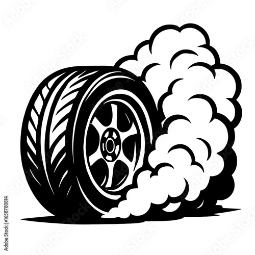 Black and white vector illustration of a spinning car tire doing a burnout with a cloud of thick smoke