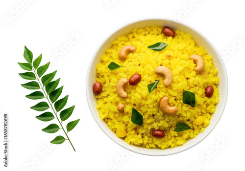 Delicious indian poha breakfast dish with cashews peanuts and curry leaves isolated on transparent background