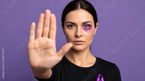 Domestic violence awareness: woman shows stop sign with bruise and purple ribbon support campaign video 4k