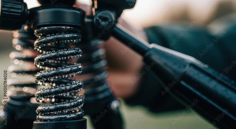 Fototapeta premium Close-up of dew-covered metal springs on professional camera tripod
