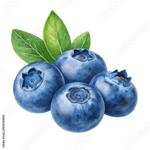 Watercolor Blueberries Cluster with Leaves, Isolated on Transparent Background, Food Illustration, Graphic Design, Blueberries, Watercolor, Fruit