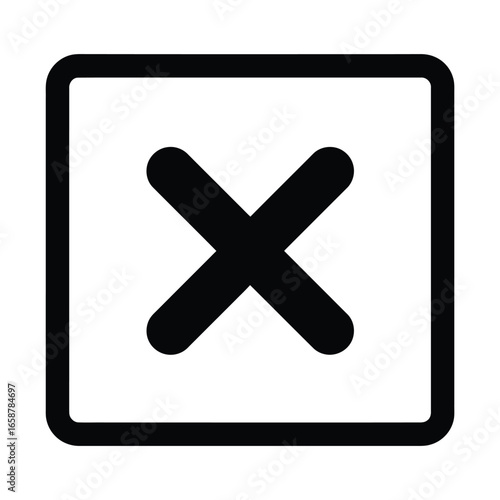 Black and white cross mark in a square, , representing cancellation, deletion, or error in a simple design