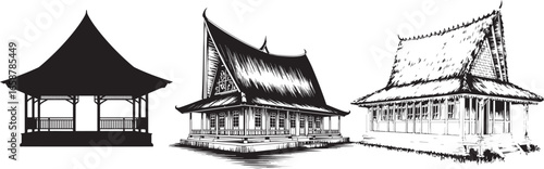 Collection of Traditional Southeast Asian Houses and Gazebo in Black and White