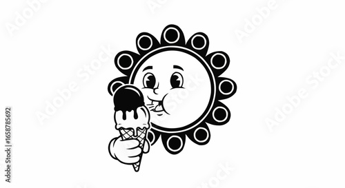 Whimsical sun character devouring a delicious ice cream cone, perfect for summer promotions and playful branding designs, a touch of vintage charm