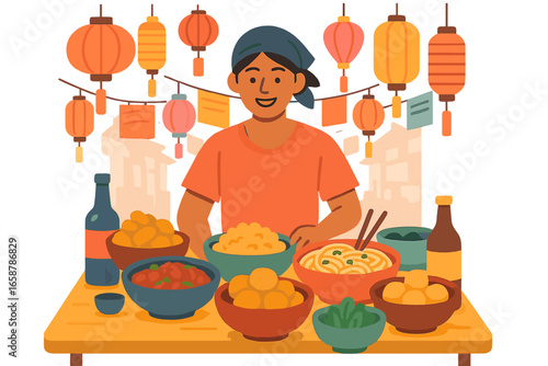 Asian food stall with a female vendor selling food items in an outdoor festival setting, featuring traditional market stall elements like vibrant red lanterns and a colorful rooftop, all depicted in