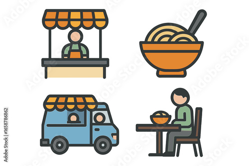 Vibrant depiction of an Asian street food scene featuring various culinary delights and vendors