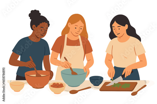 At a vibrant market stall, three women prepare sushi as a contest for the best sushi roll gets underway, featuring an array of delicious creations and happy faces amidst bright colors and a lively