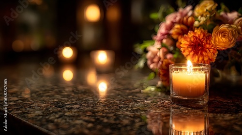 Atmospheric illustration of a burning candle in a glass holder placed on a granite surface next to flowers, with blurred glowing lights in the background. A symbolic All Saints Day themed composition 