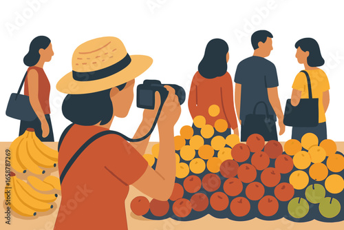 A cheerful female traveler with a backpack and camera captures a moment at a lively Asian street market, embodying the spirit of exploration, cultural immersion, and adventure in Bangkok, Thailand