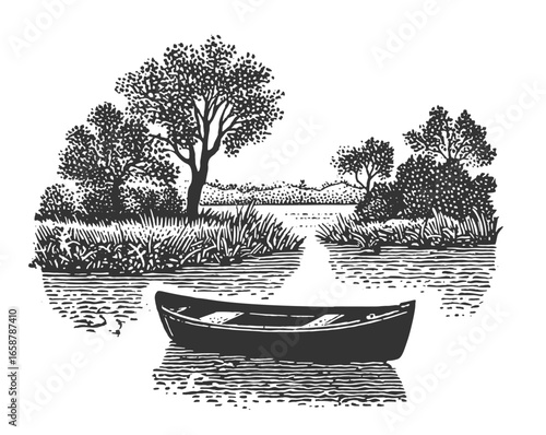 Black and white illustration depicting a boat on a calm lake amongst trees. Vintage withered style woodcut engrving style vector illustration.
