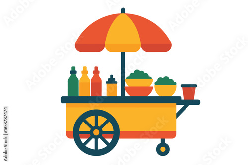 Design a detailed vector illustration of a lively street food vendor, featuring intricate textures, offering authentic Thai cuisine, set amidst a thriving urban environment