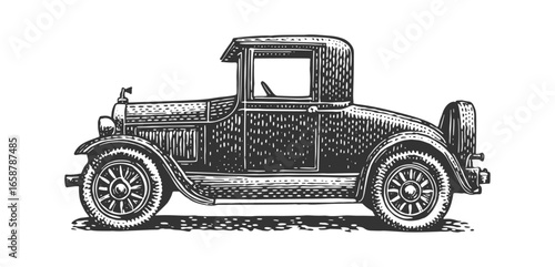 A detailed black and white illustration of a vintage coupe automobile. Vintage withered style woodcut engrving style vector illustration.