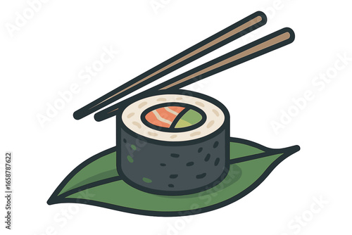 Vector illustration of traditional Asian raw fish food, watercolour salmon sashimi with chopstick on green leaf for promotion, banner, menu, flyer, ad, paper