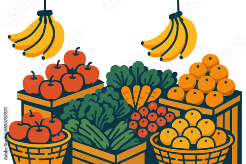 Green grocery street shop and fruits and vegetables street stall depicted as a flat vector illustration isolated on white