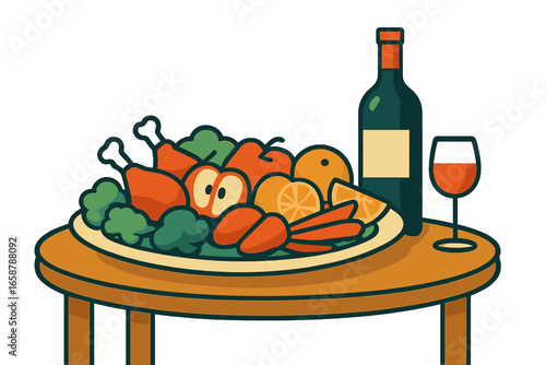 A wooden bowl filled with an assortment of tasty Asian dishes, accompanied by crisp vegetables and fragrant herbs