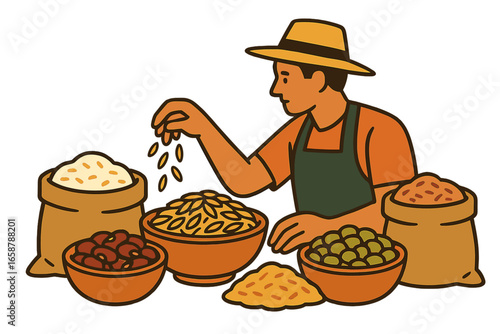 Vector illustrations of brown and white rice, an agricultural product, depict rice bags transporting food ingredients, symbolizing a healthy harvest in agriculture