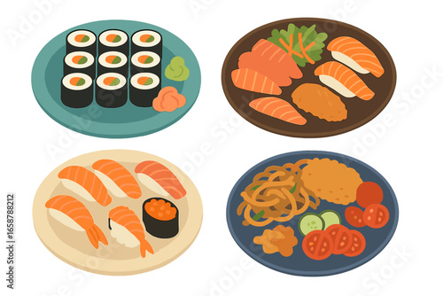 Assorted sushi platters in vibrant and artistic arrangements are ideal for food illustrations, Japanese cuisine designs, menu visuals, and restaurant marketing materials